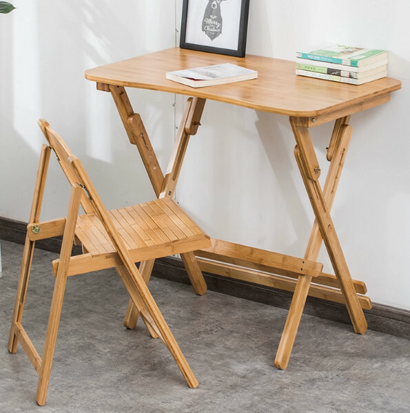 Hot selling bamboo solid wood furniture computer desk dressing table study table (combination) [1 table + 1 folding chair 70x40cm curved wood color