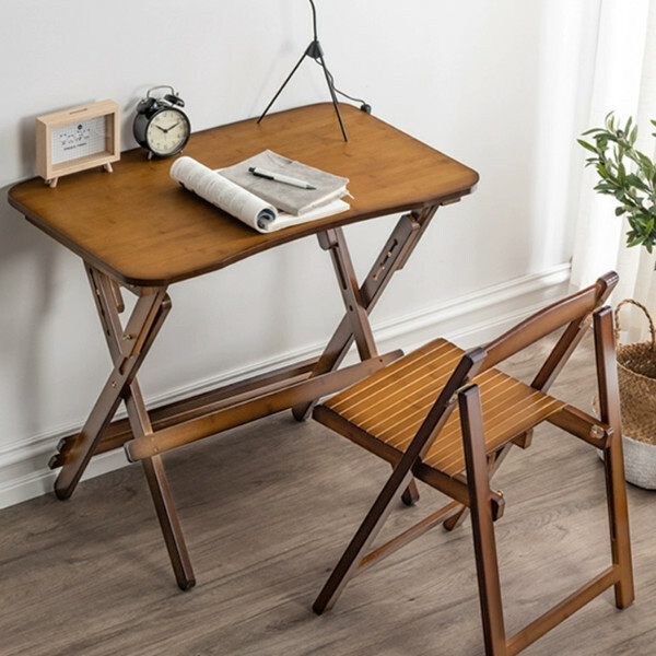 Hot selling bamboo solid wood furniture computer desk dressing table study table (combination) [1 table + 1 folding chair 70x40cm curved walnut color