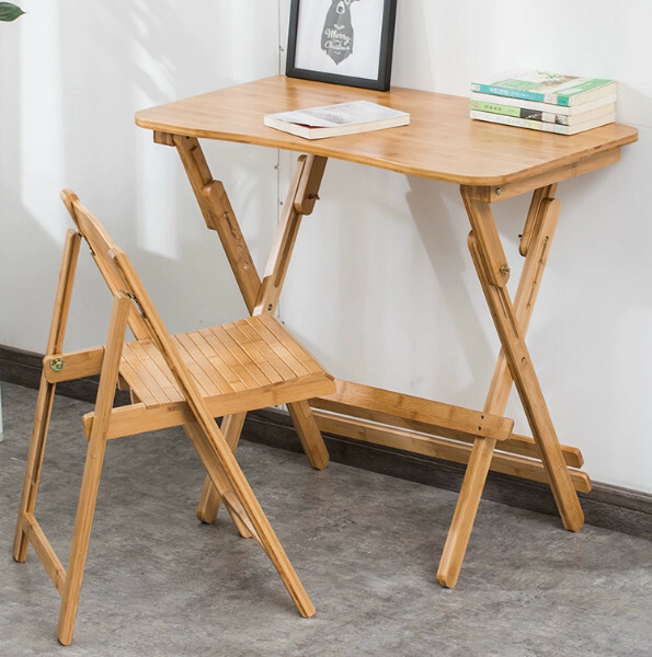 Hot selling bamboo solid wood furniture computer desk dressing table study table (combination) [1 table + 1 folding chair 80x50cm curved wood color