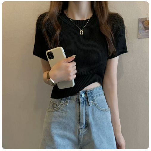 Knitted Crew Neck Short Sleeve T-Shirt Top (Black) (One Size)