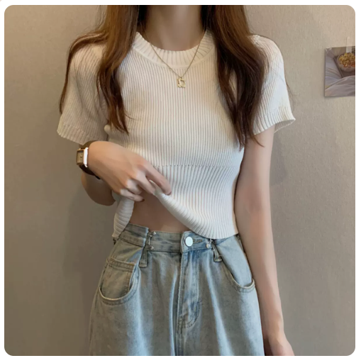 Knitted Crew Neck Short Sleeve T-Shirt Top (White) (One Size)