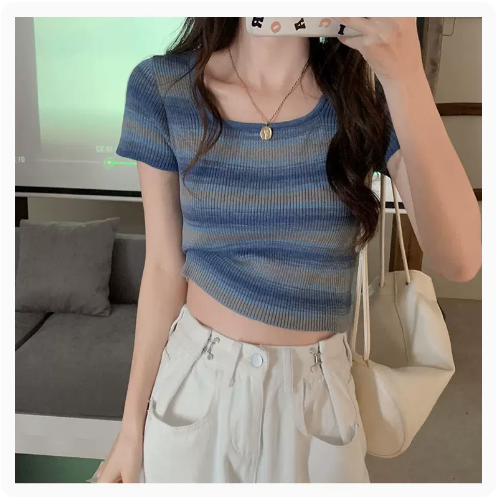 Knitted Contrasting Square Neck Short Sleeve T-Shirt (Blue) (One Size)