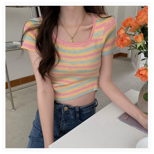 Knitted Contrast Square Neck Short Sleeve T-Shirt (Color) (One Size)