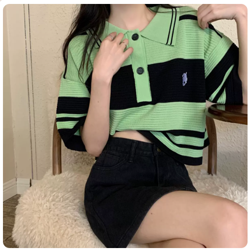 STRAIGHT KNIT CONTRAST STRIPE POLO NECK SHORT SLEEVES (GREEN) (ONE SIZE)
