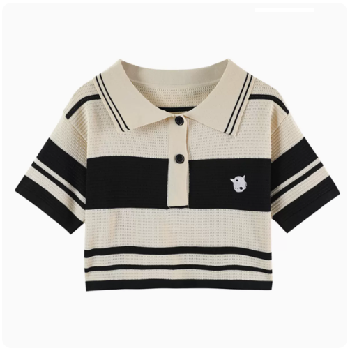 Knitted Contrast Stripe Polo Neck Short Sleeves (Apricot Colour) (One Size)