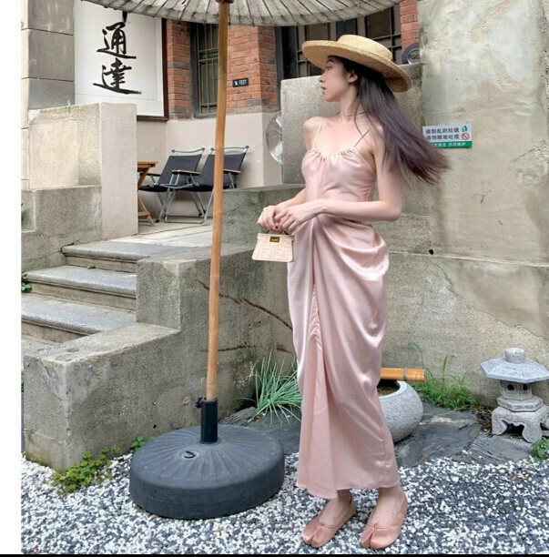 Hot Selling Pleated Satin Suspender Long Skirt [Sweet Apricot Pink] Sizes [S-XL] [Please contact customer service after placing the order to confirm the delivery size]