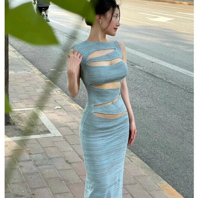 Hot Selling Hollow Knitted Dress [Light Blue] Sizes [S-XL] [Please contact customer service to confirm the delivery size after placing the order]