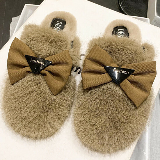 Hot selling bow furry slippers [khaki] [size 35-40] (please contact customer service to confirm the delivery size after placing the order)