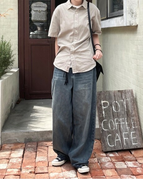 【代購】FILLUMINATE 厚磅 牛仔 寬褲 水洗 刷白 夏天 四季 男女同款 中藍色 藍色 天藍色 黑色