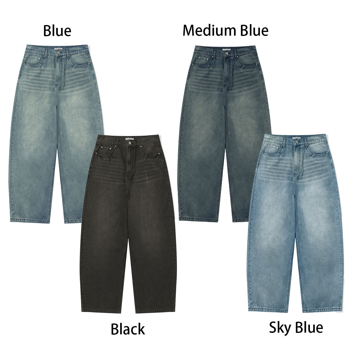 【代購】FILLUMINATE 厚磅 牛仔 寬褲 水洗 刷白 夏天 四季 男女同款 中藍色 藍色 天藍色 黑色