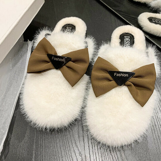 Hot selling bow furry slippers [off-white] [size 35-40] (please contact customer service to confirm the delivery size after placing the order)