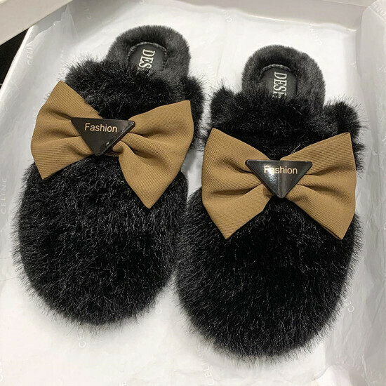 Hot selling bow furry slippers [black] [size 35-40] (please contact customer service to confirm the delivery size after placing the order)