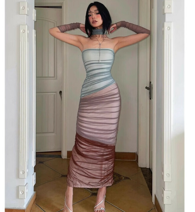 Hot selling long tube top skirt [green, pink and brown stitching] size [S size - XL size] [please contact customer service to confirm the delivery size after placing the order]