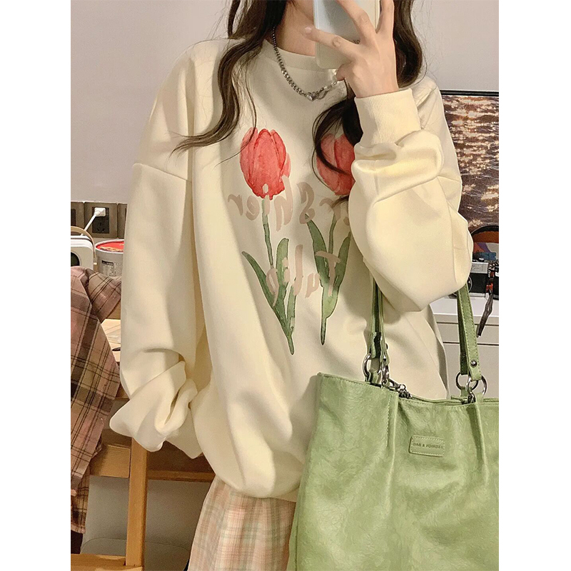 熱賣寬鬆圓領長袖衛衣（杏色 L碼-XXXL碼）（下單後請聯絡客服確認發貨尺碼）