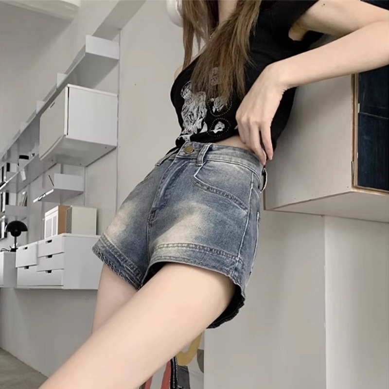 Hot selling straight high waist denim shorts (blue size S-XXL) (please contact customer service to confirm the delivery size after placing the order)