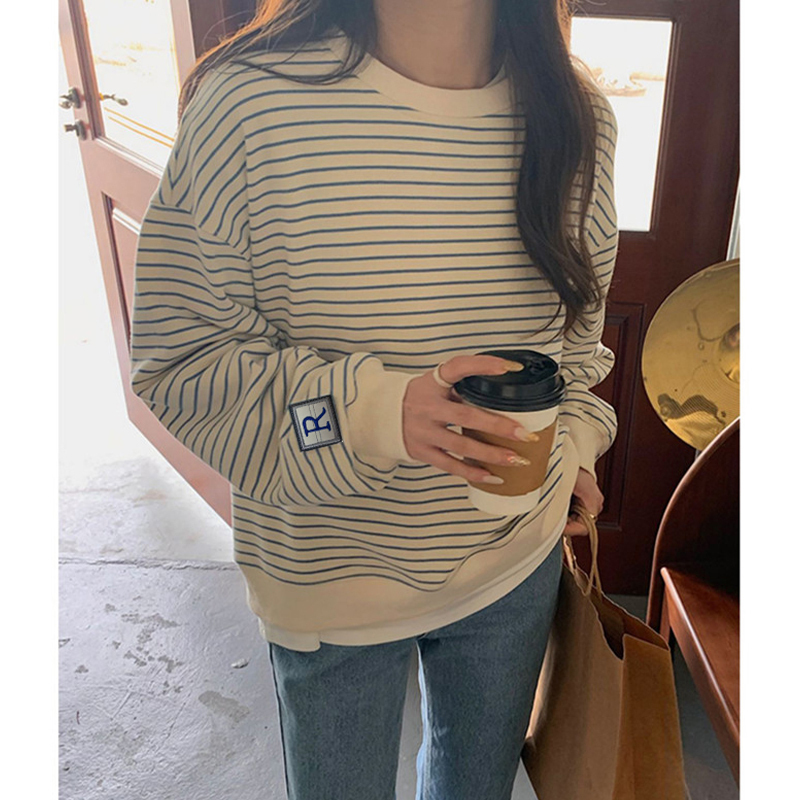 熱賣寬鬆圓領衛衣（淺藍條紋 S碼-XXL碼）（下單後請聯絡客服確認發貨尺碼）