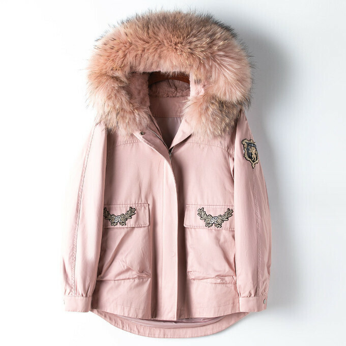 熱賣貉子毛領連帽派克服(L碼)(桃粉色)