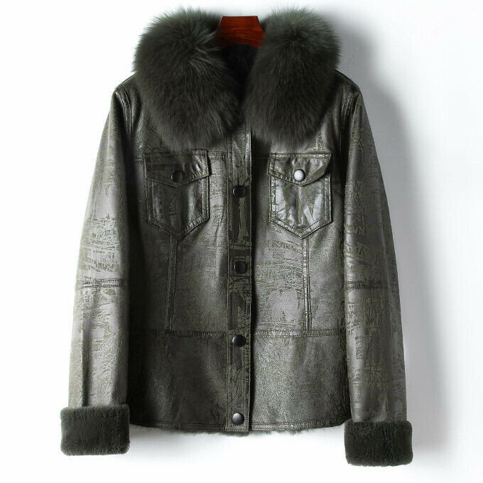 熱賣狐狸毛領內裡兔皮毛一體短款外套(XL/2XL碼)(軍綠色)(下單後聯絡客服確認發貨尺碼)
