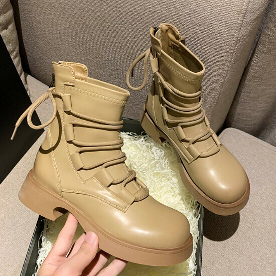 熱賣厚底圓頭單靴【卡其色】【35-40碼】（下單後請聯絡客服確認發貨尺碼）