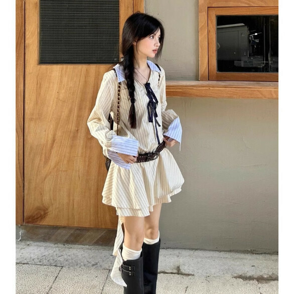 熱賣襯衫連衣裙【米色送腰帶】尺碼【S碼—XL碼】【下單後請聯絡客服確認發貨尺碼】