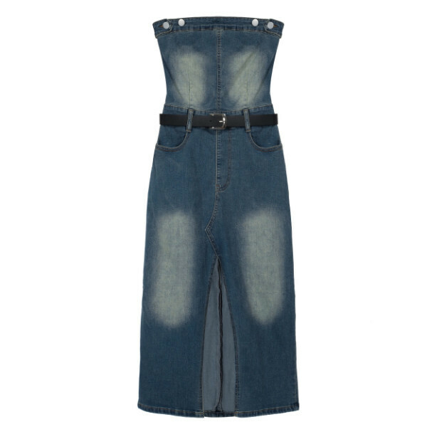Hot selling tube top slit denim dress (blue) (S-L size) (contact customer service after placing the order to confirm the delivery size)