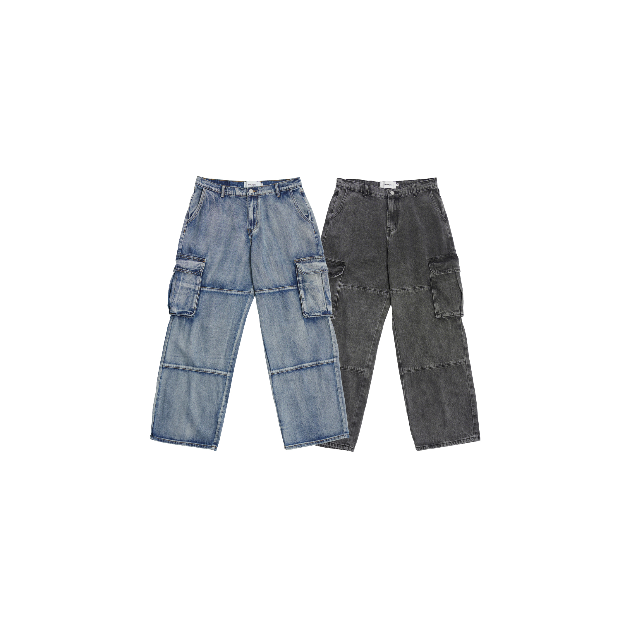 SIMON MADE BW-2420 水洗 拼接 大口袋 直筒 牛仔褲