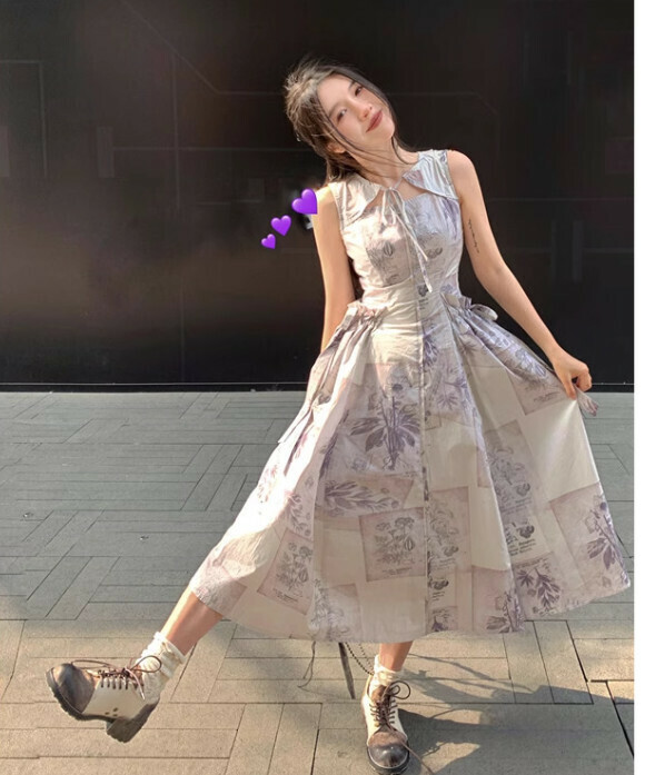 Hot selling small fragrant floral long dress [sleeveless printed dress] size [S size - XL size] [please contact customer service after placing the order to confirm the delivery size]