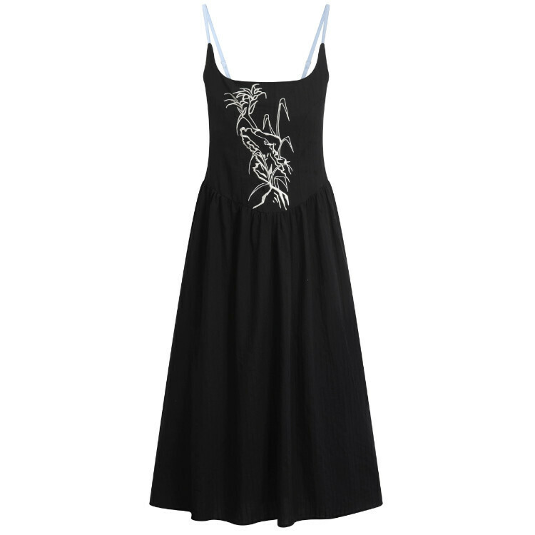 Hot selling embroidered long backless suspender dress (black) (size S-L) (contact customer service after placing the order to confirm the delivery size)