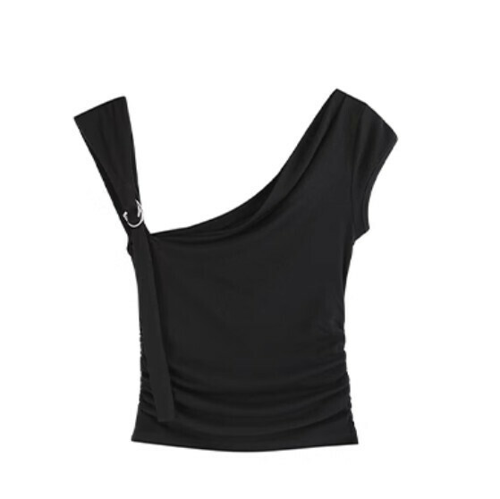 Hot Selling One Shoulder Silver Buckle Top [Black] Sizes [S-XL] [Please contact customer service to confirm the delivery size after placing the order]