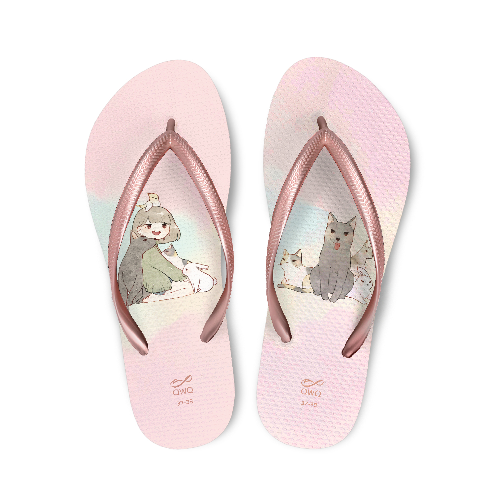 KaRin卡琳 毛小孩 女款細帶人字夾腳拖鞋 粉金