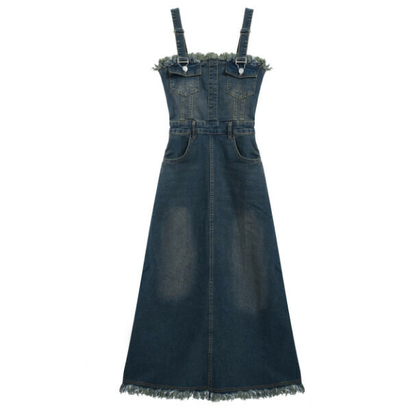 Hot selling washed raw edge denim suspender dress (dark blue) (S-XL size) (contact customer service after placing the order to confirm the delivery size)