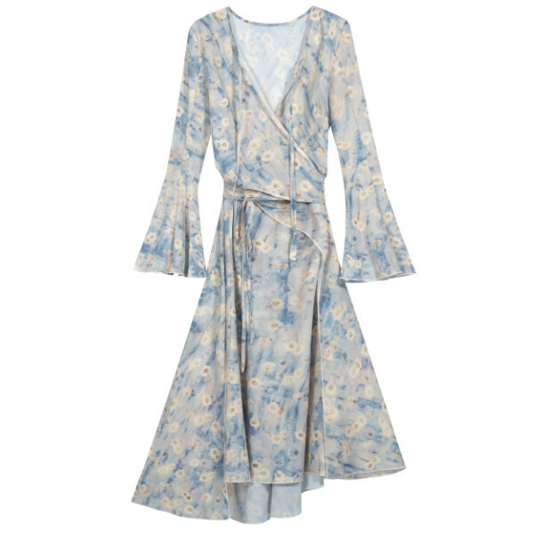 Hot Selling Bell Sleeve Printed Long Skirt (Blue Floral) (S-L Size) (Contact customer service after placing the order to confirm the delivery size)