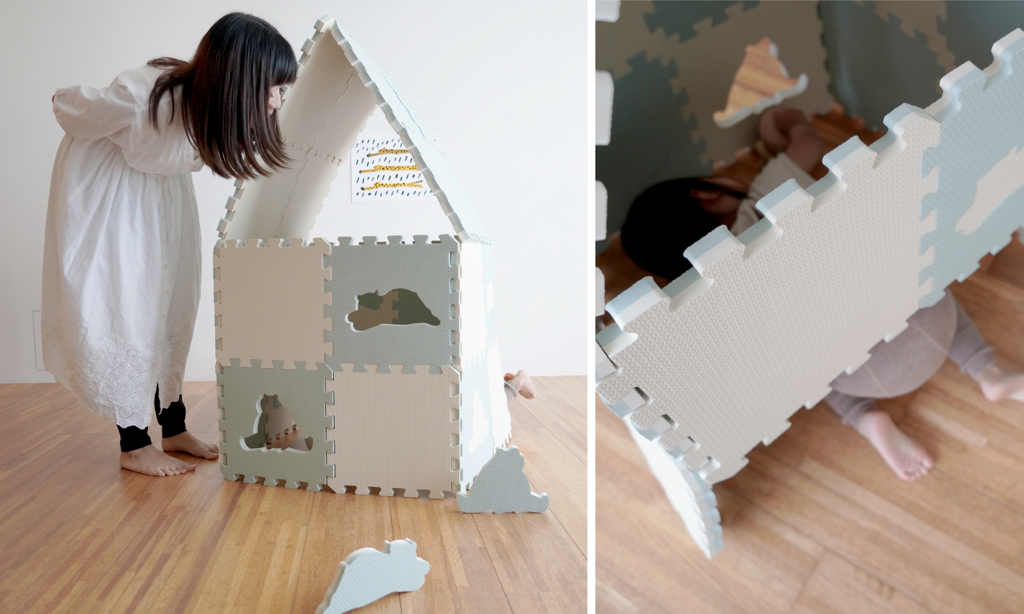 這是一張把遊戲地墊拚成立體房子基地的照片
