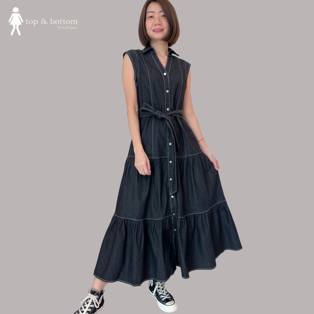 DENIM BUTTON COLLARED LONG DRESS