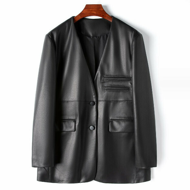 Hot selling V-neck sheepskin jacket (size S-L) (black) (contact customer service after placing order to confirm delivery size)