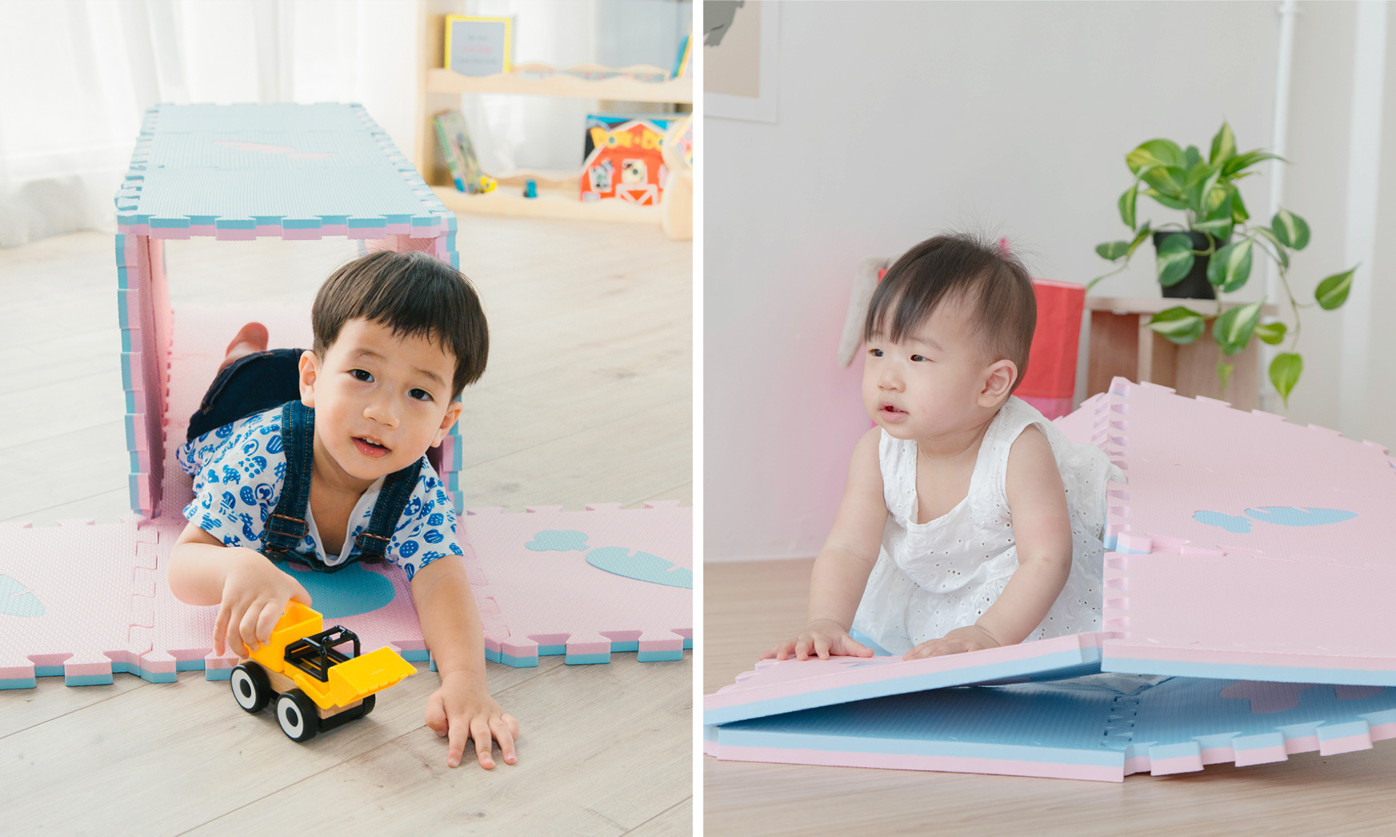 這是一張把遊戲地墊拼成四方形隧道的照片