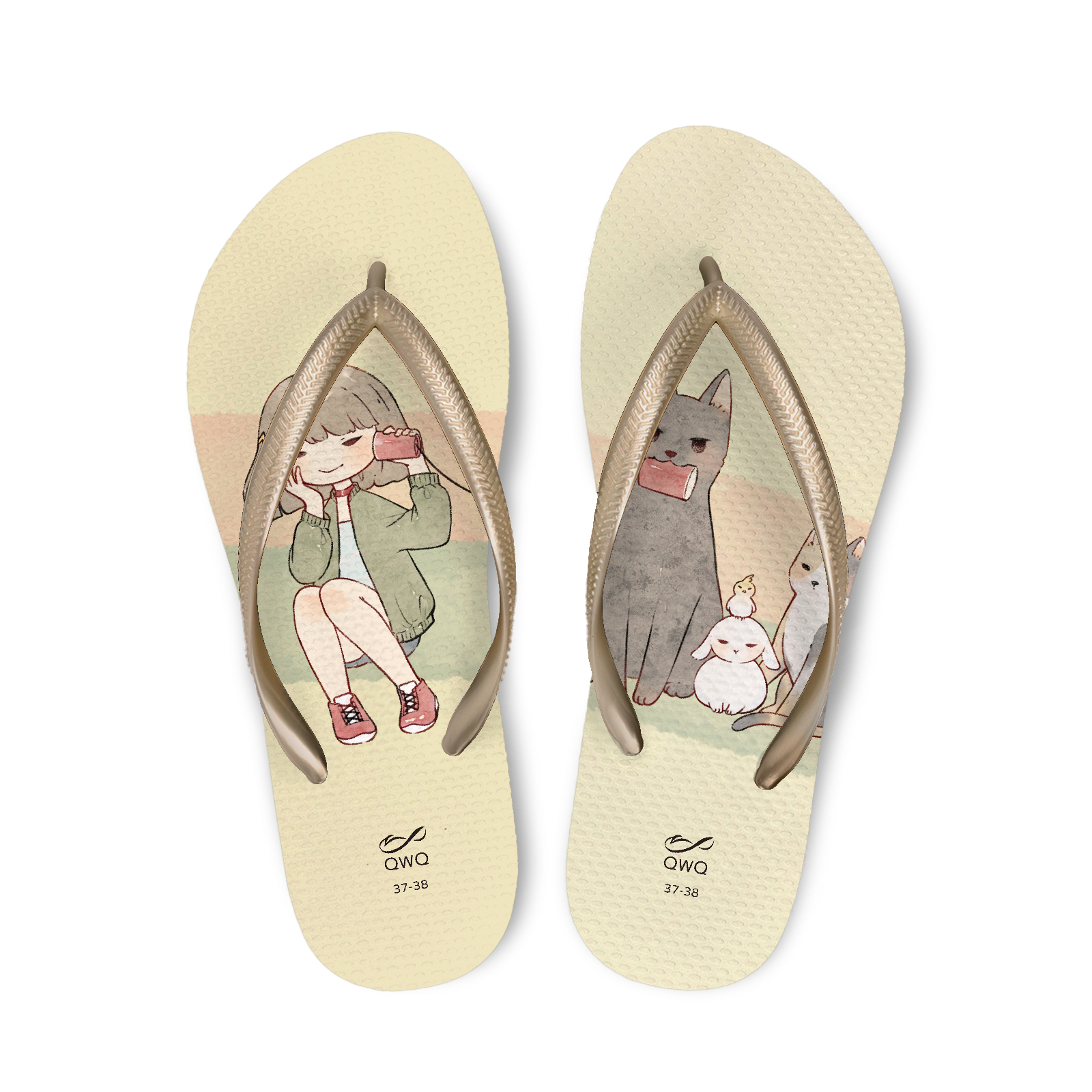 KaRin卡琳 傳聲筒 女款細帶人字夾腳拖鞋 沙金