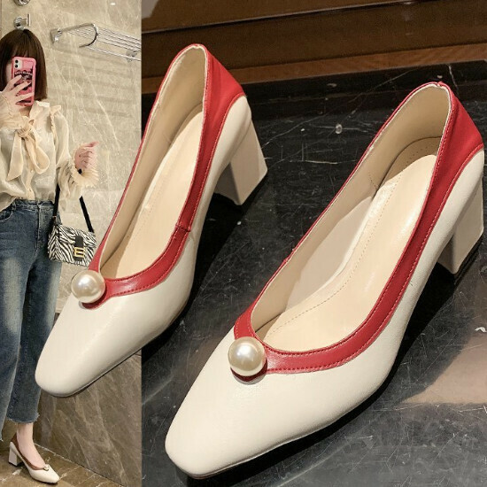 熱賣拼色珍珠粗跟單鞋【拼色紅】【35-40碼】（下單後請聯絡客服確認發貨尺碼）