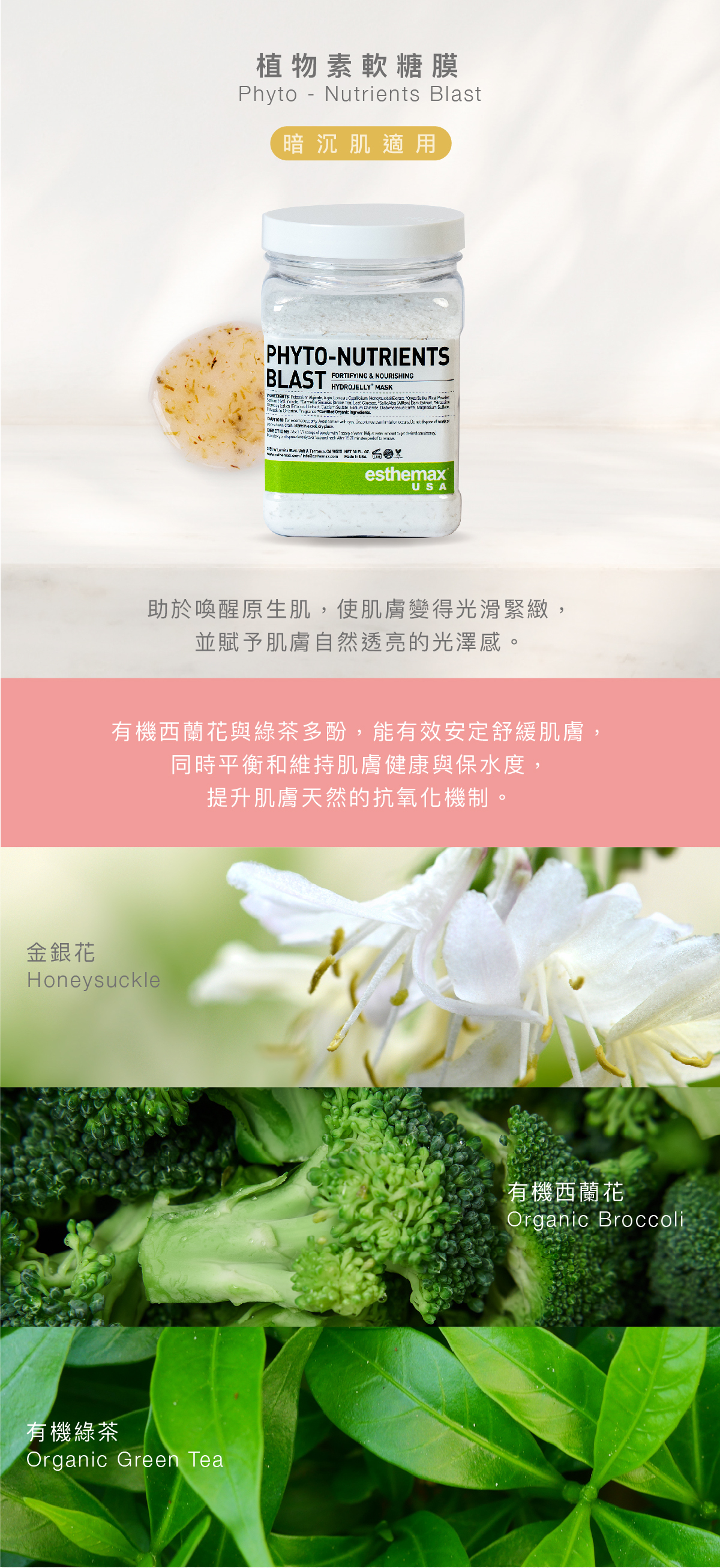 植物素軟糖膜 Phyto - Nutrients Blast Hydrojelly 暗沉肌適用 功效 助於喚醒原生肌,使肌膚變得光滑緊緻,並賦予肌膚自然透亮的光澤感。 成分 有機西蘭花與綠茶多酚,能有效安定舒緩肌膚,同時平衡和維持肌膚健康與保水度,提升肌膚天然的抗氧化機制。 金銀花、有機西蘭花、有機綠茶