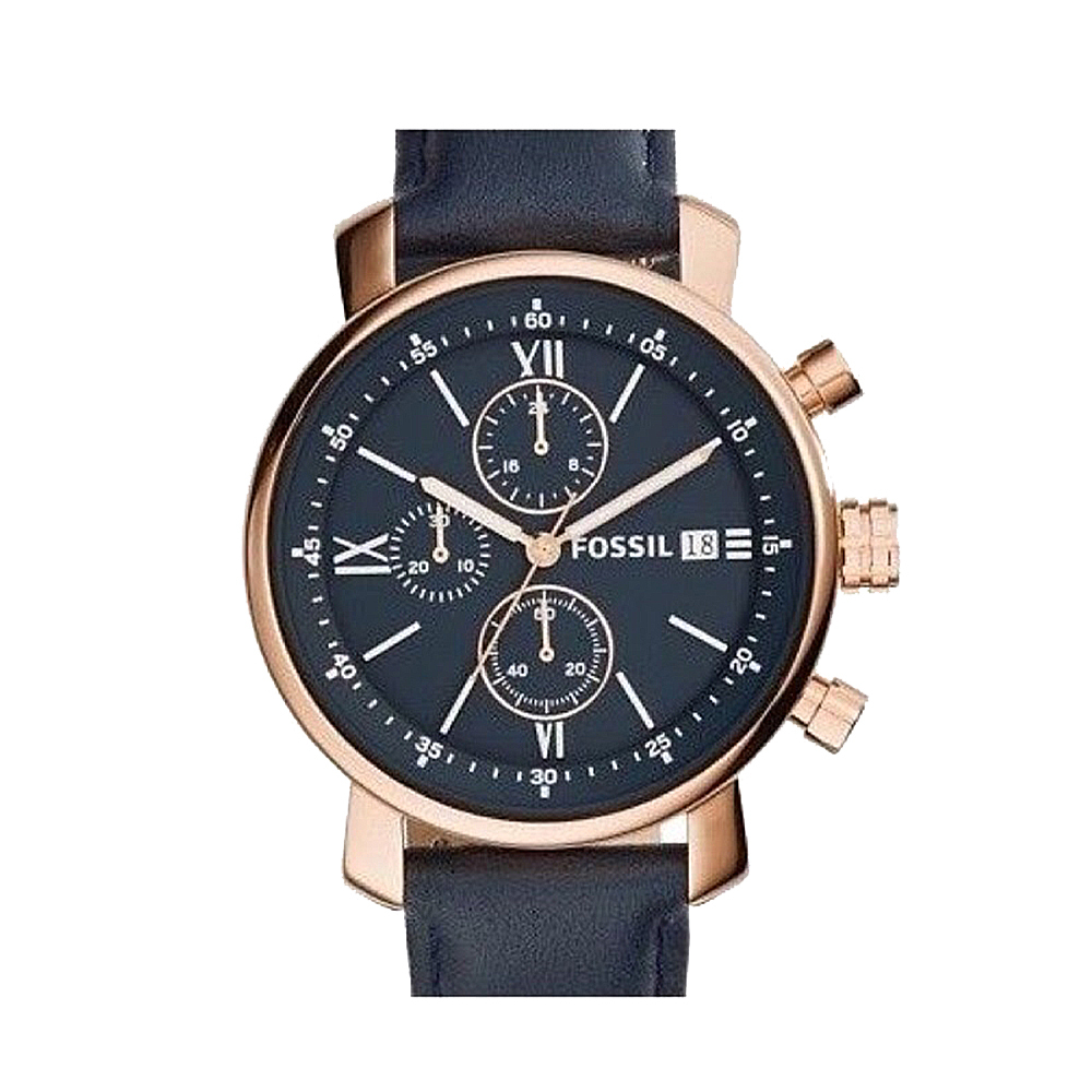 【FOSSIL】FDS-012 玫瑰金真三眼帶計時皮革石英錶 BQ1704-