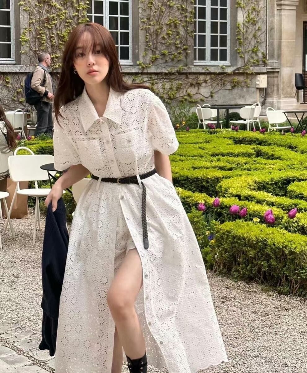 清新優雅 刺繡口空洋裝+短褲(可單買)