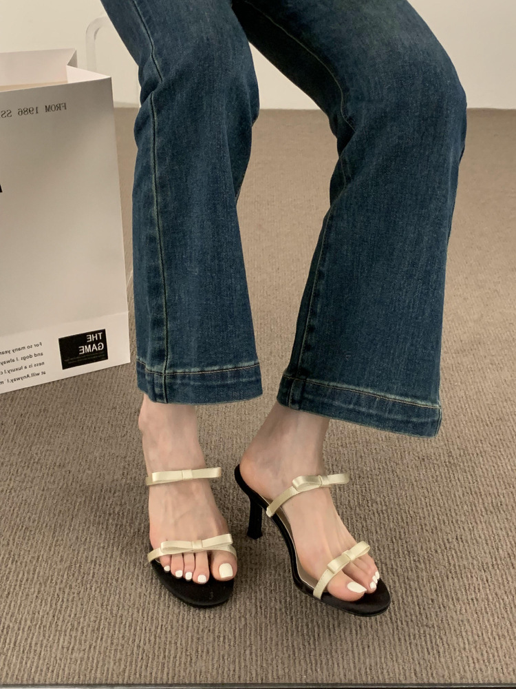 偽細帶蝴蝶結跟拖(35-39)(黑/杏)