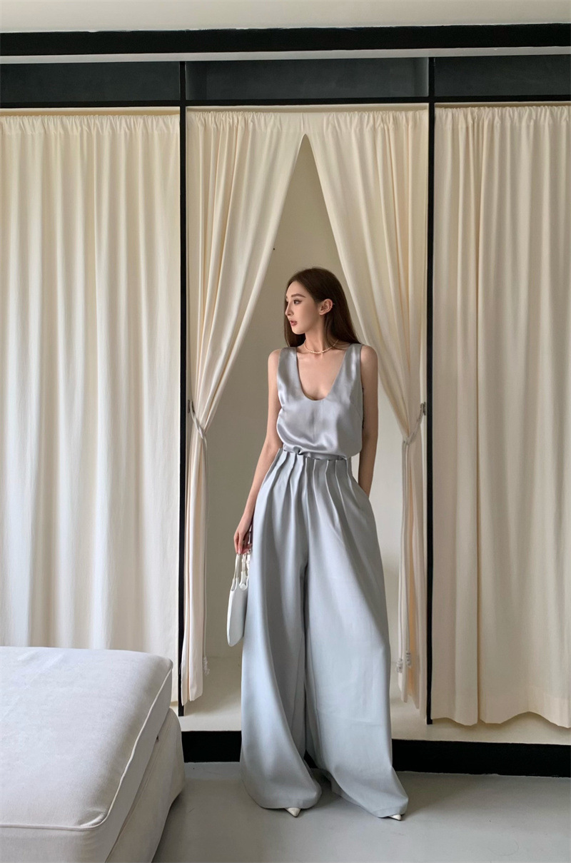 超美_U領斷面背心+立體壓褶高腰寬褲(灰藍/黑/杏)(可單買)