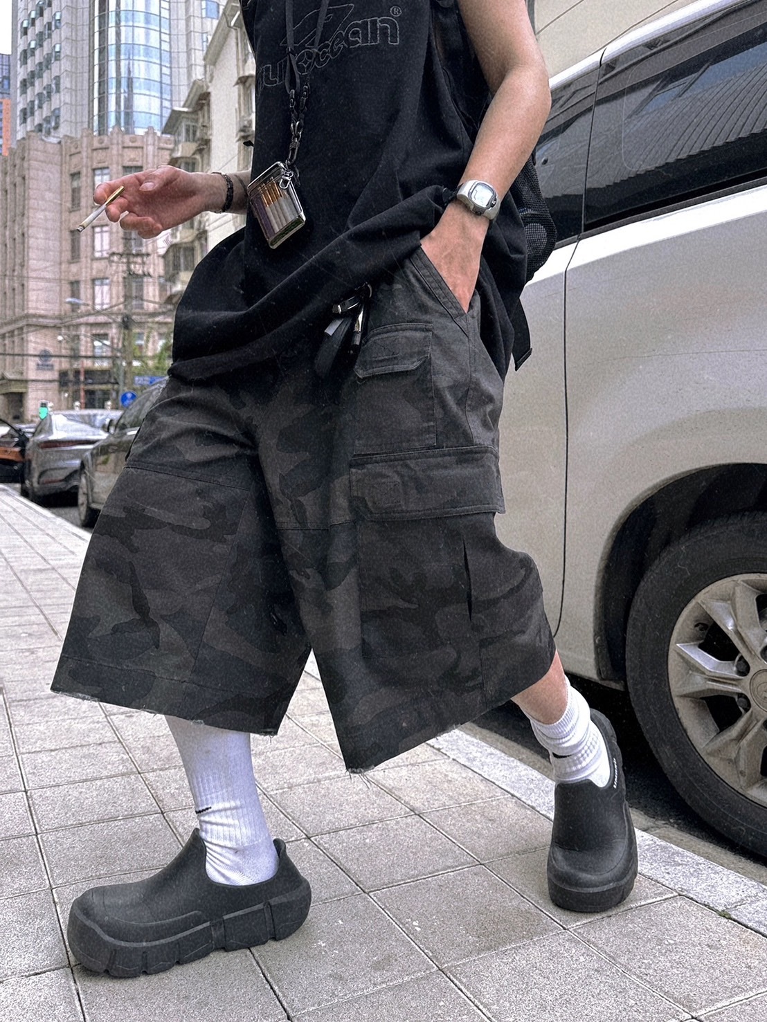 Aurocean 深灰暗紋迷彩工裝六分褲