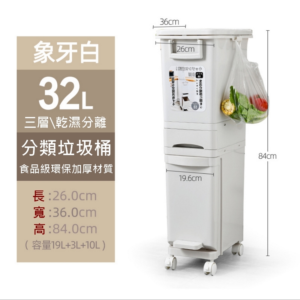 夾縫三層分類垃圾桶-32L