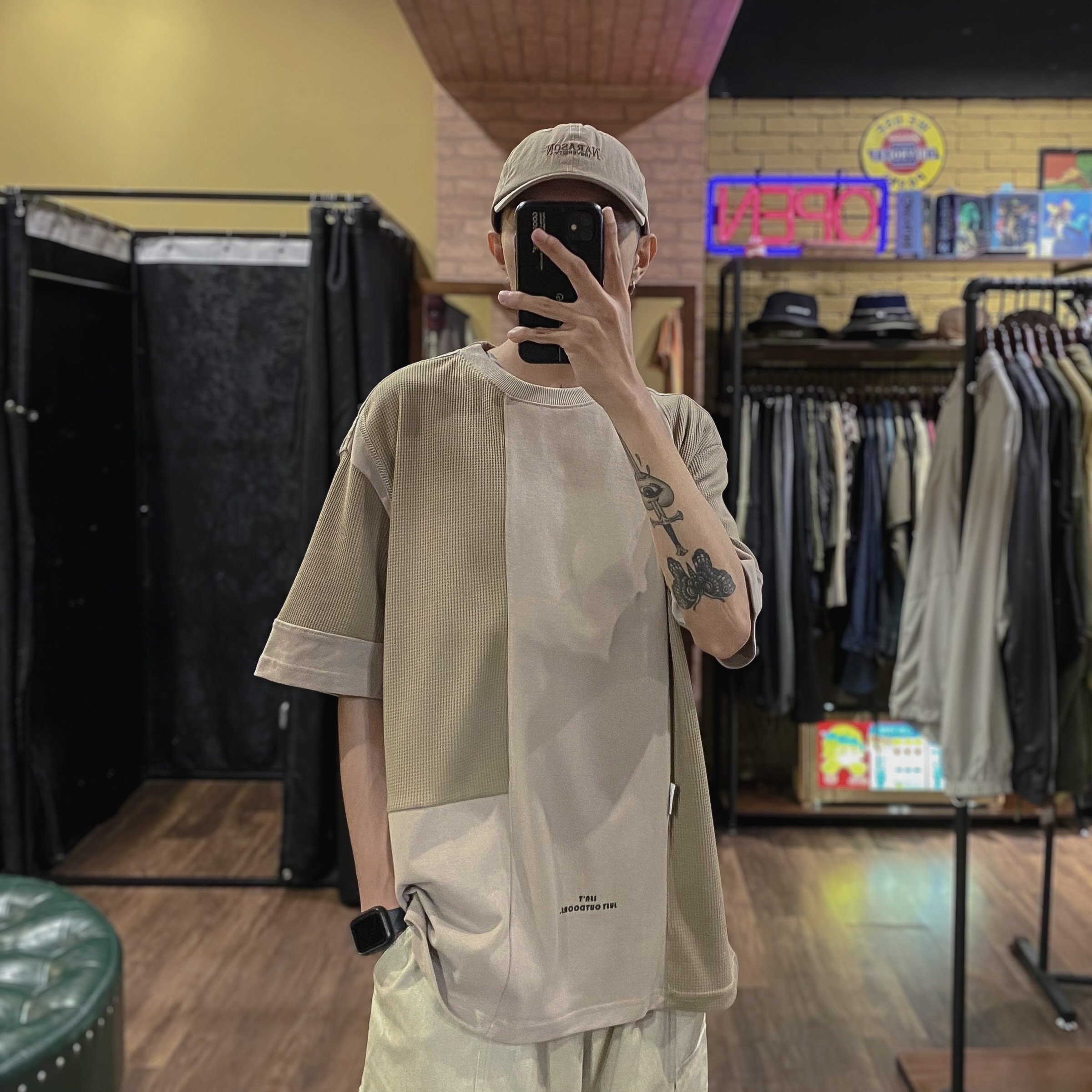 日系華夫格拼接短TEE