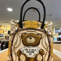 [S] MOSCHINO 2227T757280231003 TEDDY BEAR WITH CHAIN ALLOVER PRINT SHOULDER TOTE BAG,WHITE MULTI, 889316958768 (SM843)