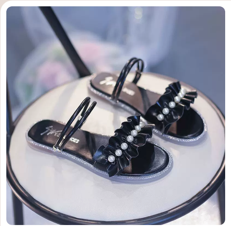 Flat Buckle Pearl Roman Shoes (Black Upgrade/35-40 Size) (Contact customer service to confirm the shipping size after placing the order)