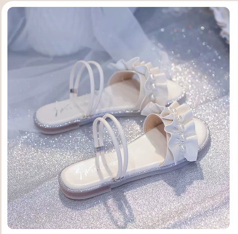 Flat Buckle Pearl Roman Shoes (Beige Upgrade/Size 35-40) (Contact customer service to confirm the shipping size after placing the order)
