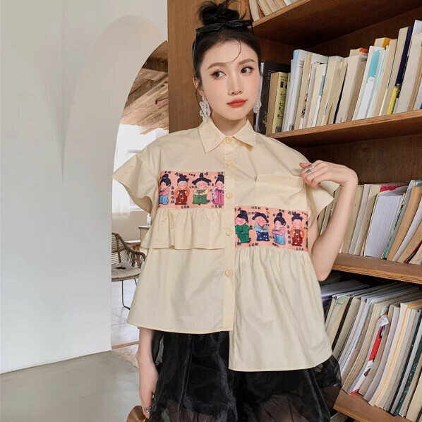 Hot selling cartoon printed asymmetrical shirt (picture color) (S-L size) (contact customer service after placing the order to confirm the delivery size)